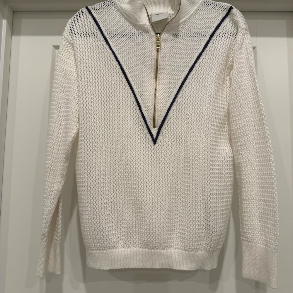 Varley White and Navy Half Zip Open Knit Top, size small